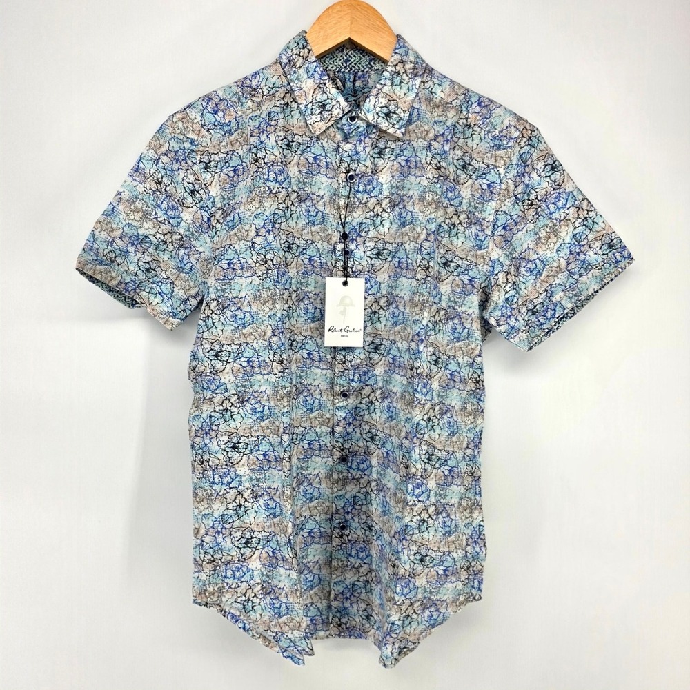 Robert Graham Radnor Shirt Mens S Blue Multi Floral Linen Blend Short Sleeve NEW